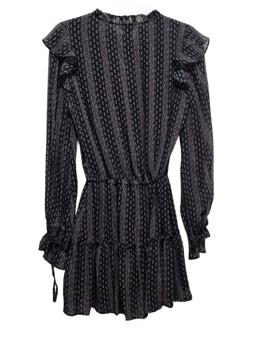PAIGE Pomello Black Floral Silk Ruffle Long Sleeve Tie Waist Tiered Mini Dress - Picture 4 of 7